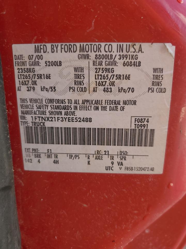 2000 Ford F250 Super Duty VIN: 1FTNX21F3YEE52488 Lot: 82152775