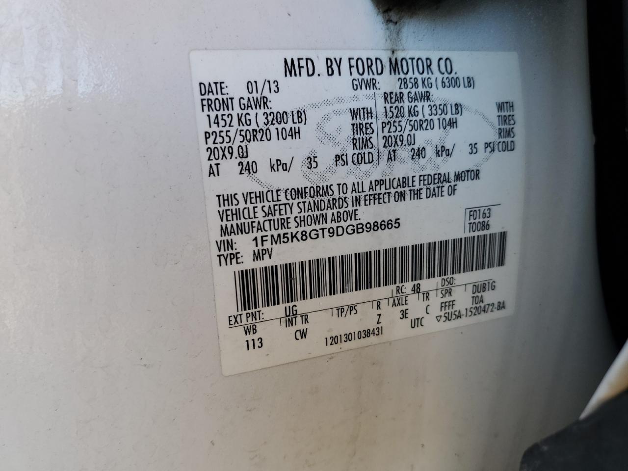 2013 Ford Explorer Sport VIN: 1FM5K8GT9DGB98665 Lot: 83767315