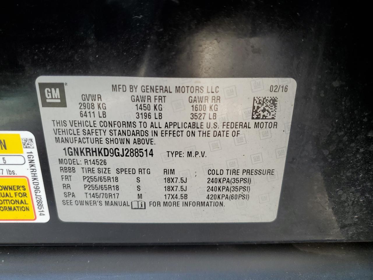 2016 Chevrolet Traverse Lt VIN: 1GNKRHKD9GJ288514 Lot: 81750065