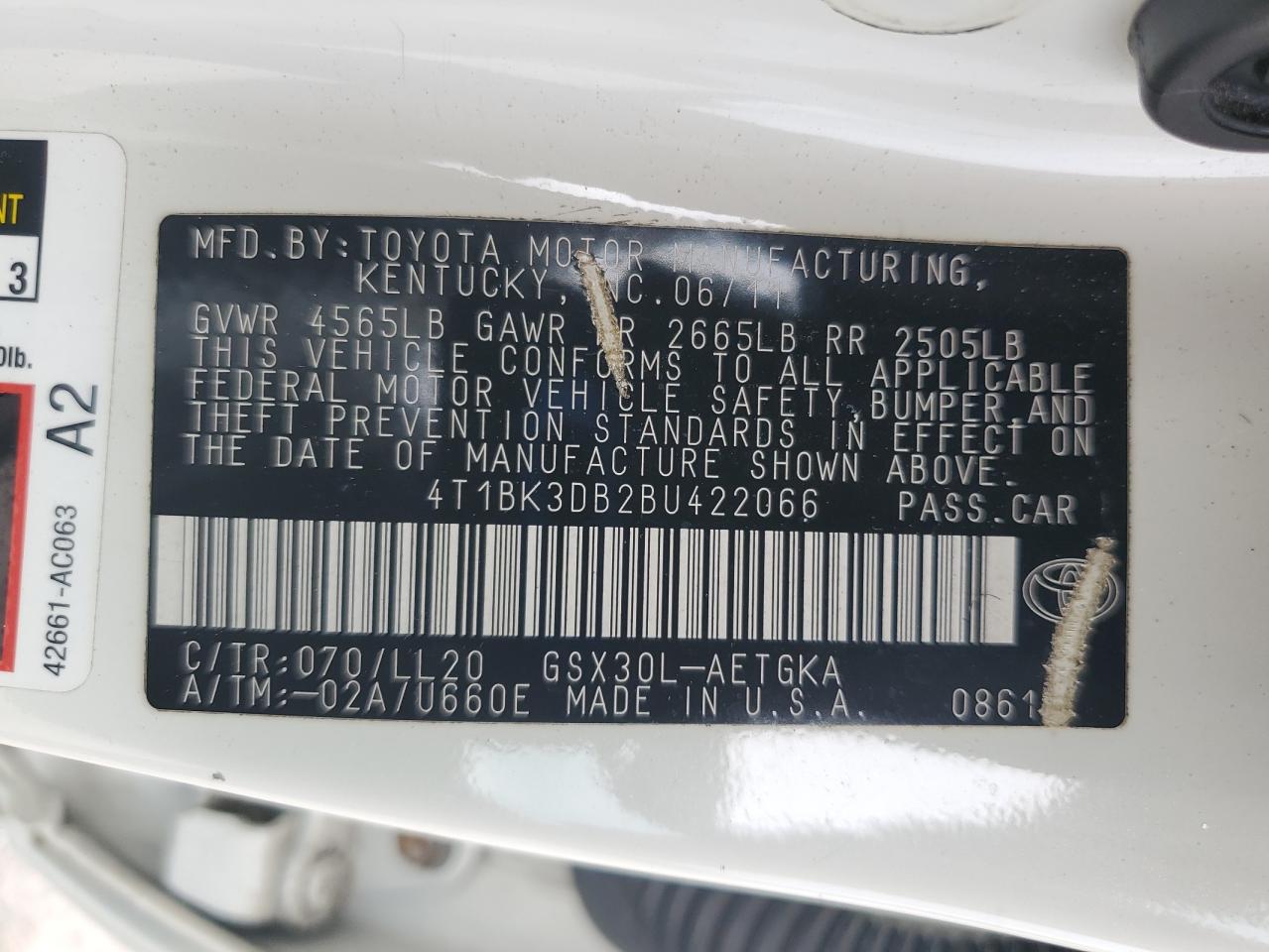 2011 Toyota Avalon Base VIN: 4T1BK3DB2BU422066 Lot: 81922415