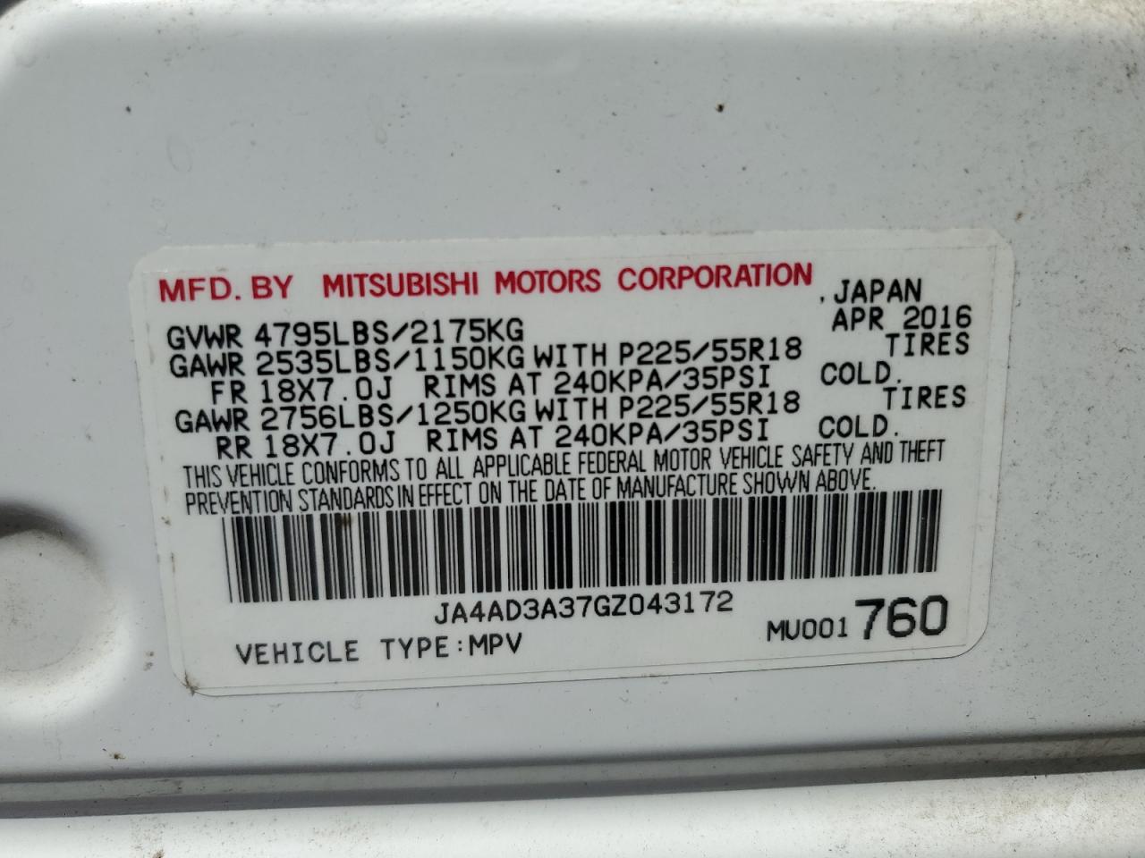 2016 Mitsubishi Outlander Se VIN: JA4AD3A37GZ043172 Lot: 71192055