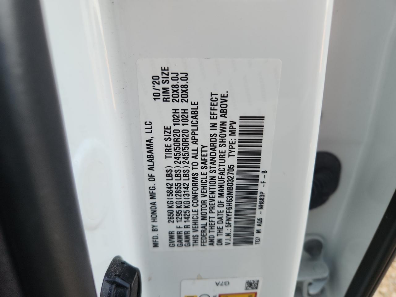 2021 Honda Pilot Touring VIN: 5FNYF6H63MB032705 Lot: 84035595