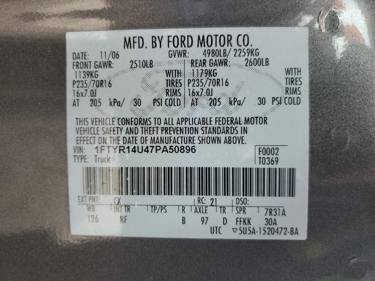 2007 Ford Ranger Super Cab VIN: 1FTYR14U47PA50896 Lot: 84777845