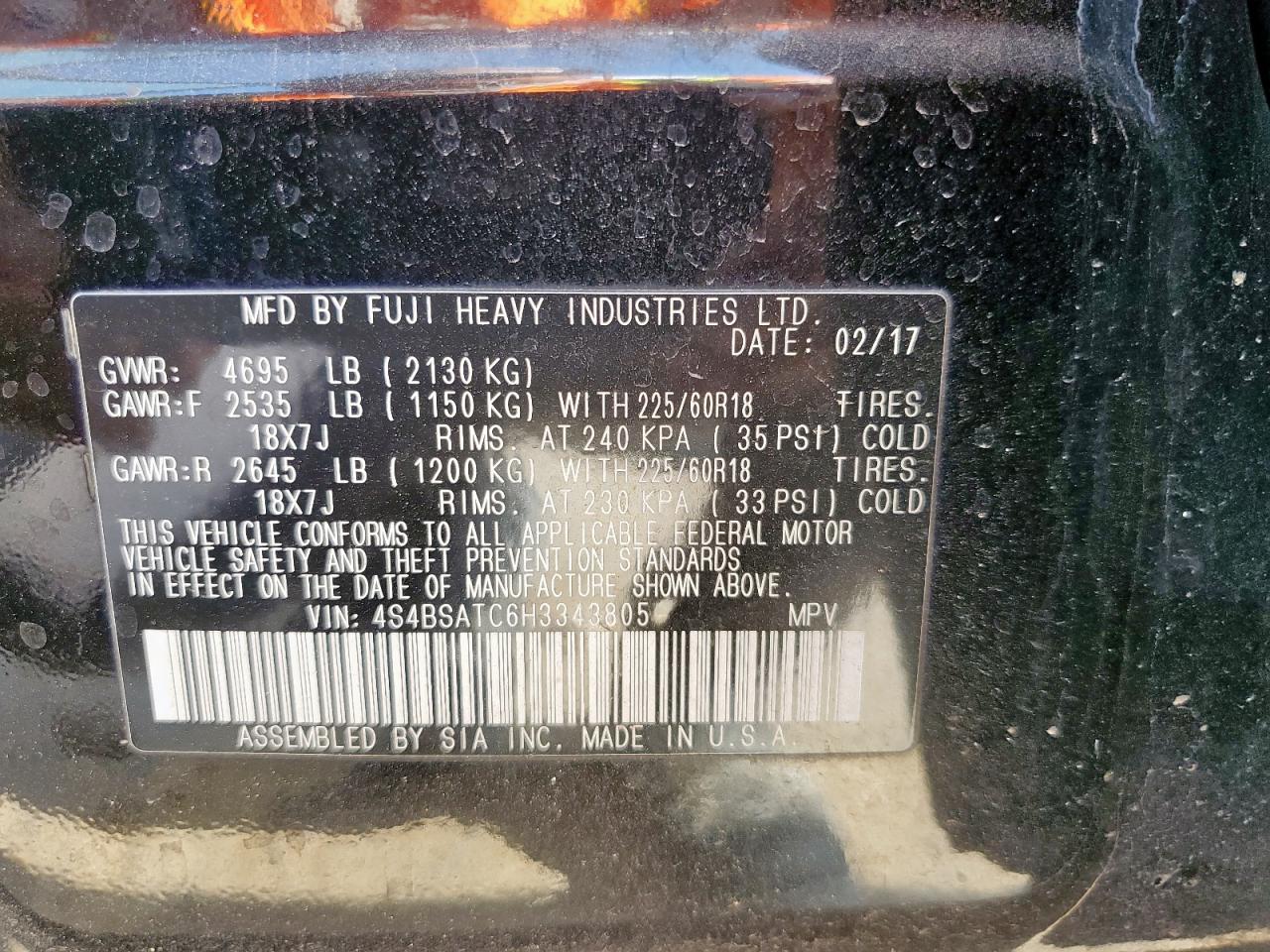 2017 Subaru Outback Touring VIN: 4S4BSATC6H3343805 Lot: 81458245