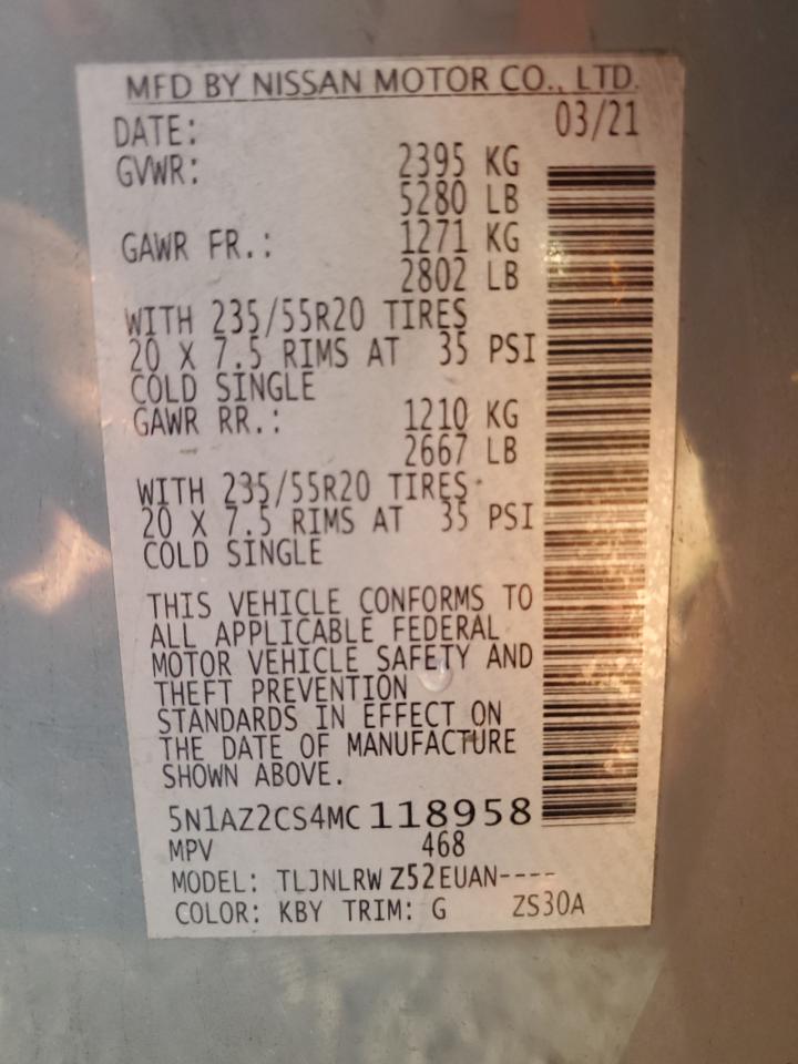 2021 Nissan Murano Sl VIN: 5N1AZ2CS4MC118958 Lot: 81442215