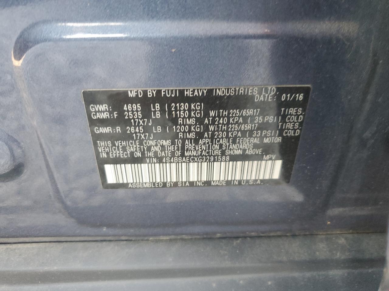 2016 Subaru Outback 2.5I Premium VIN: 4S4BSAECXG3291588 Lot: 84625975