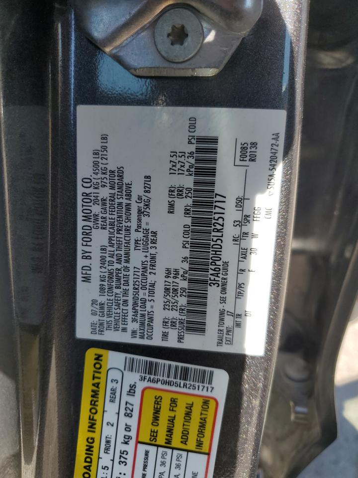 2020 Ford Fusion Se VIN: 3FA6P0HD5LR251717 Lot: 94075505