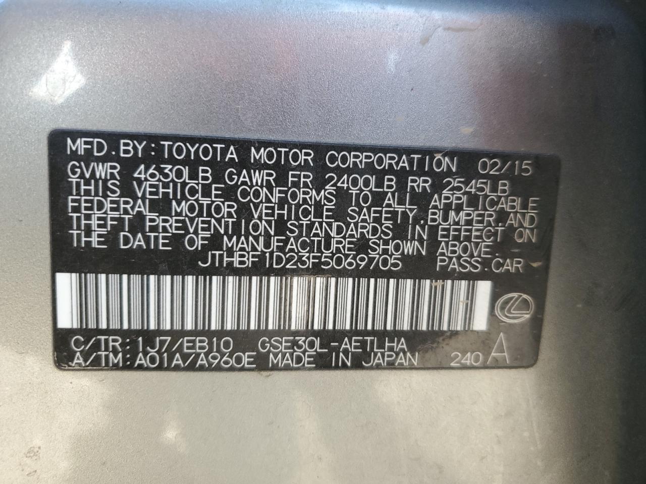 2015 Lexus Is 250 VIN: JTHBF1D23F5069705 Lot: 81433665