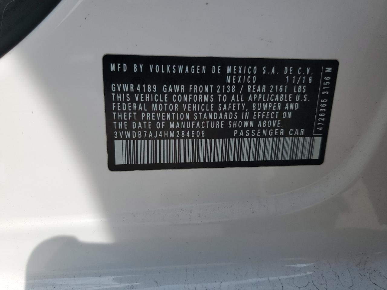 2017 Volkswagen Jetta Se VIN: 3VWDB7AJ4HM284508 Lot: 80388345