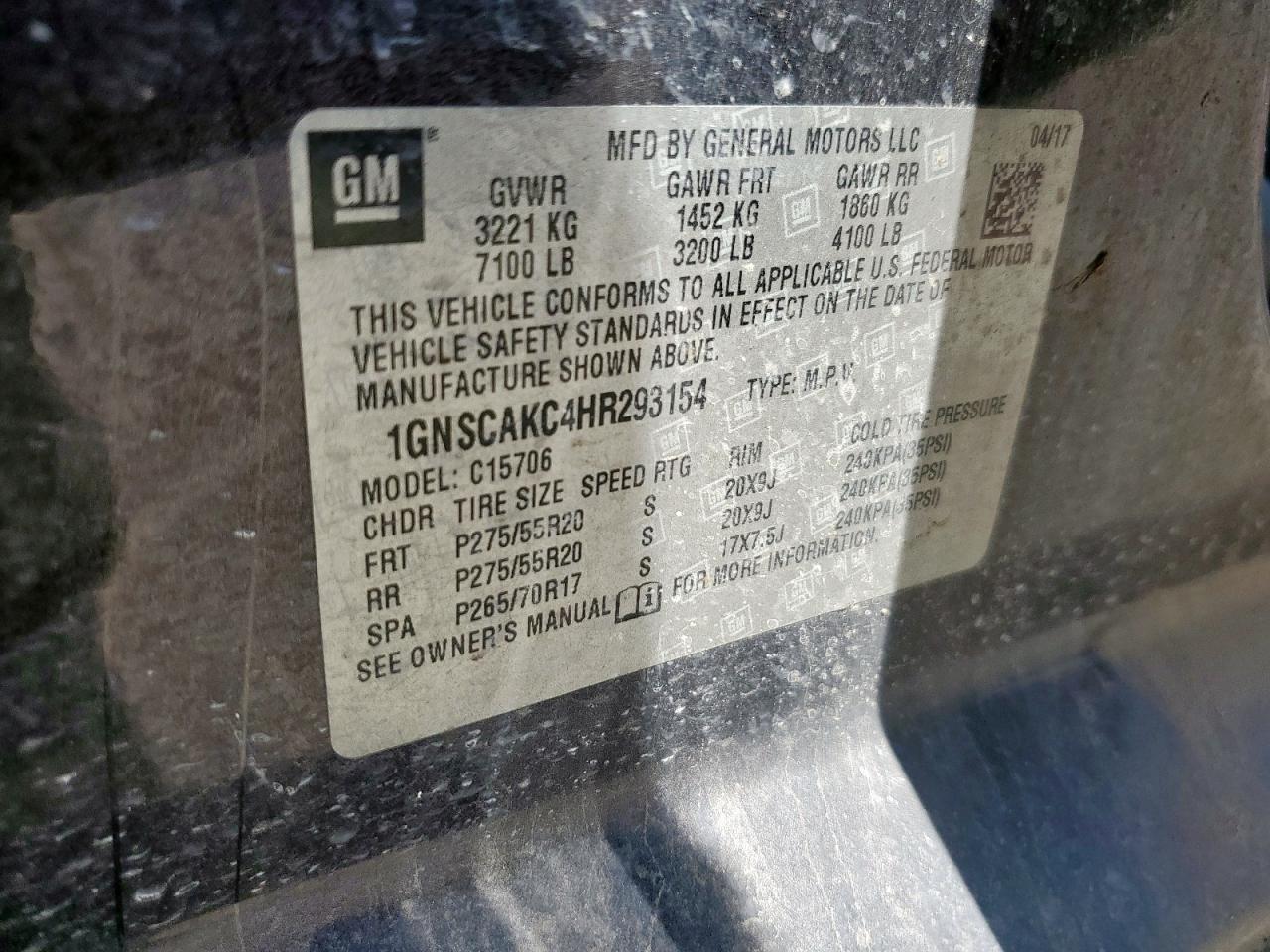 2017 Chevrolet Tahoe C1500 Ls VIN: 1GNSCAKC4HR293154 Lot: 83947155