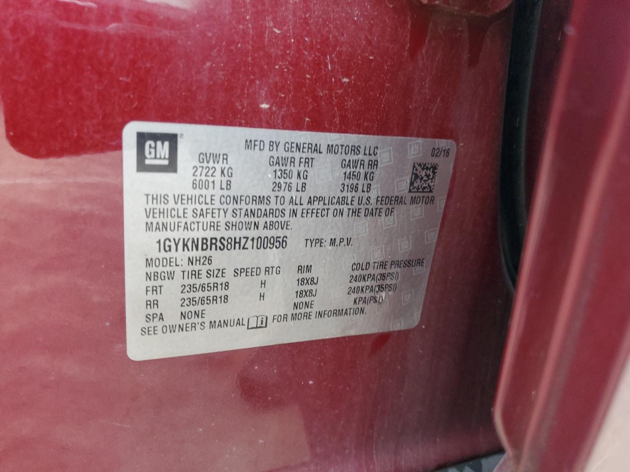 2017 Cadillac Xt5 Luxury VIN: 1GYKNBRS8HZ100956 Lot: 82044675