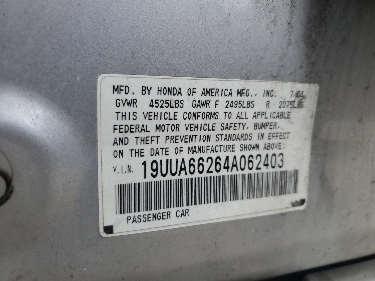 2004 Acura Tl VIN: 19UUA66264A062403 Lot: 93597115