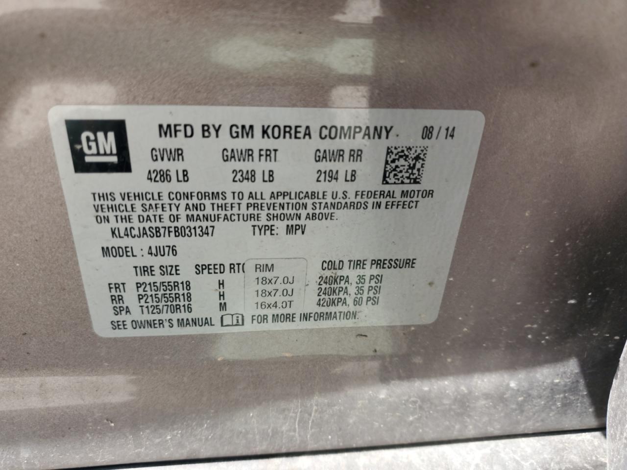 2015 Buick Encore VIN: KL4CJASB7FB031347 Lot: 71854655