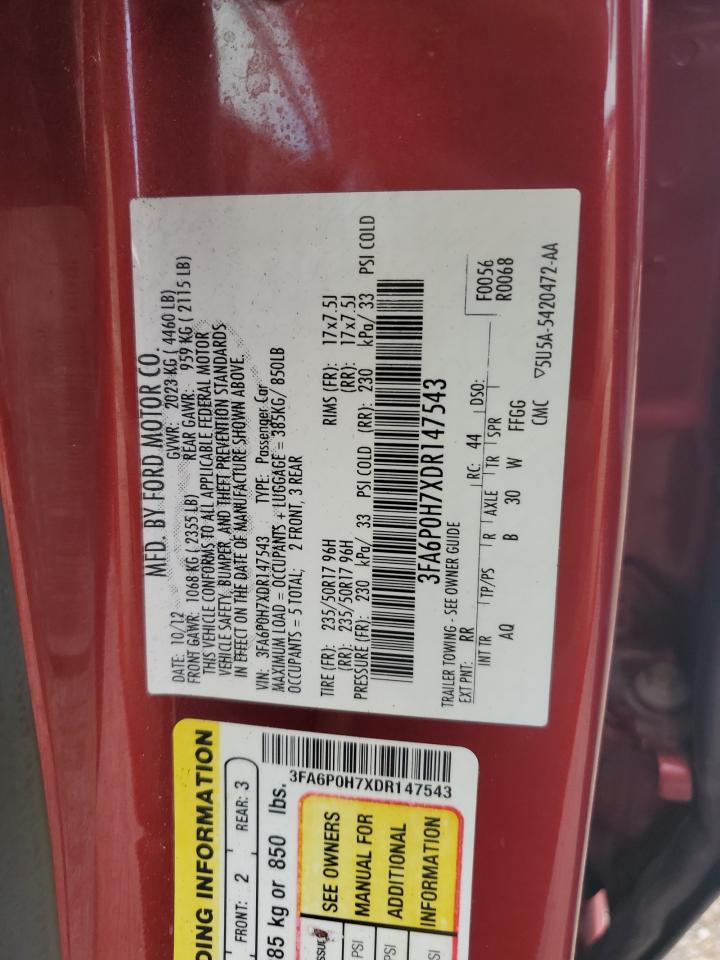 2013 Ford Fusion Se VIN: 3FA6P0H7XDR147543 Lot: 70248725