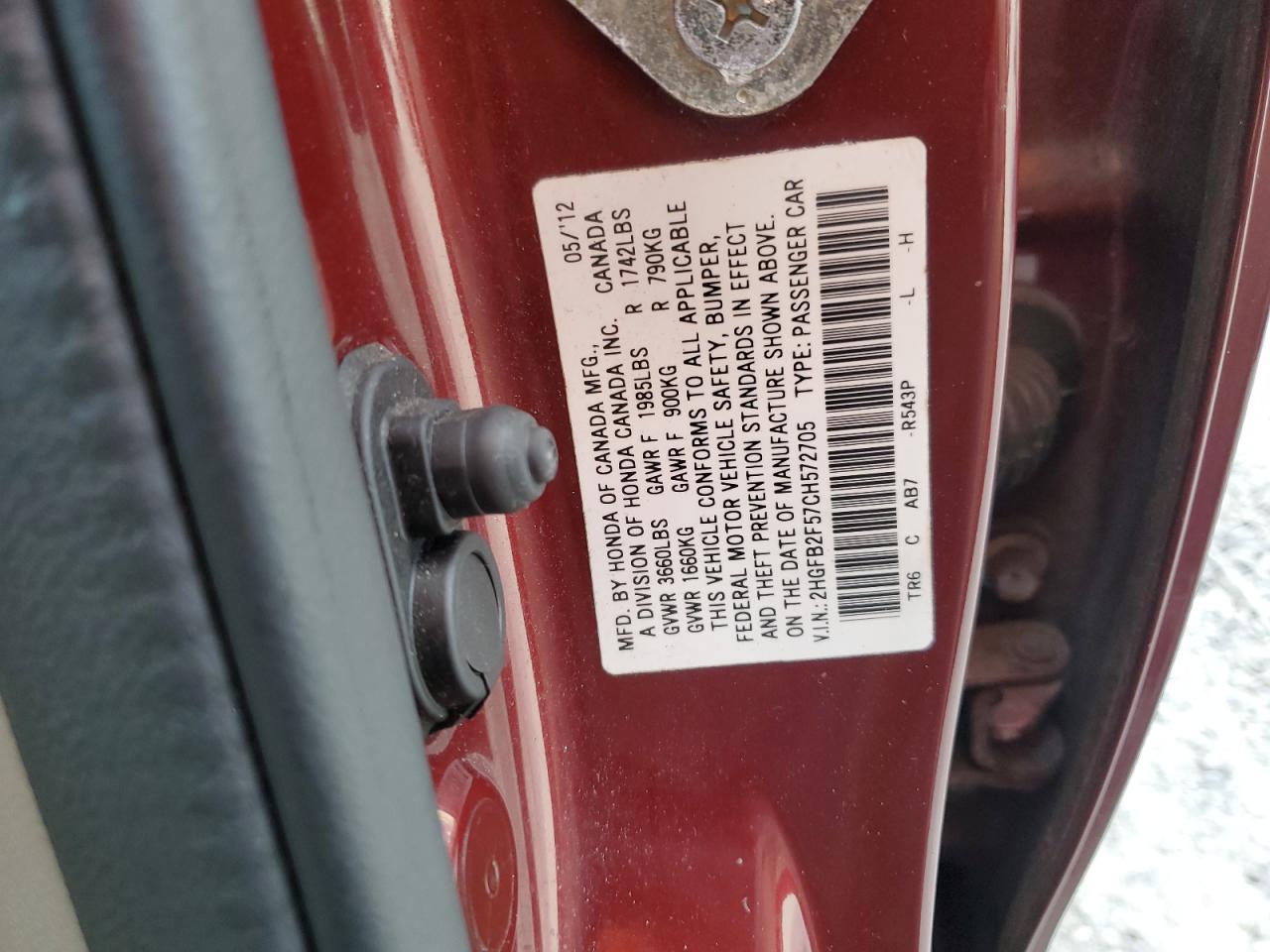 2012 Honda Civic Lx VIN: 2HGFB2F57CH572705 Lot: 81673795