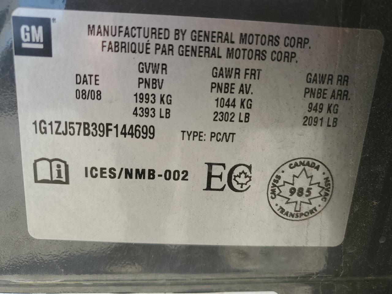 2009 Chevrolet Malibu 2Lt VIN: 1G1ZJ57B39F144699 Lot: 80307715