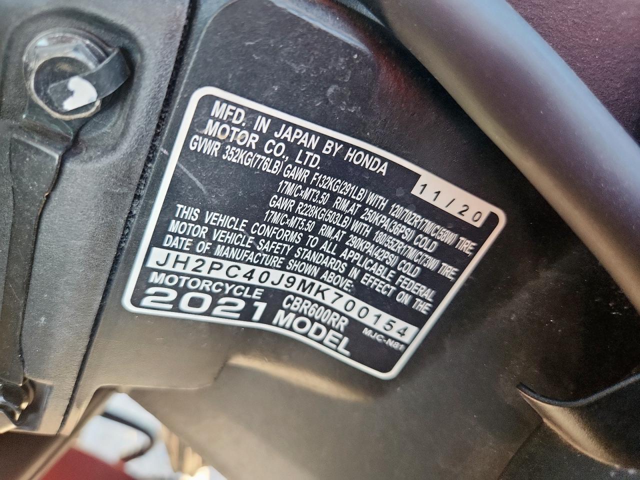 2021 Honda Cbr600 Rr VIN: JH2PC40J9MK700154 Lot: 81253205