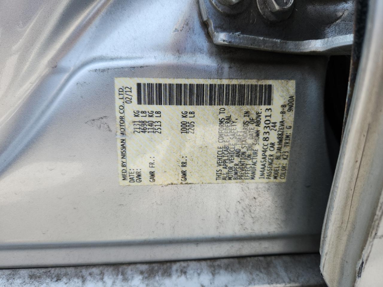 2012 Nissan Maxima S VIN: 1N4AA5AP4CC833013 Lot: 81279265