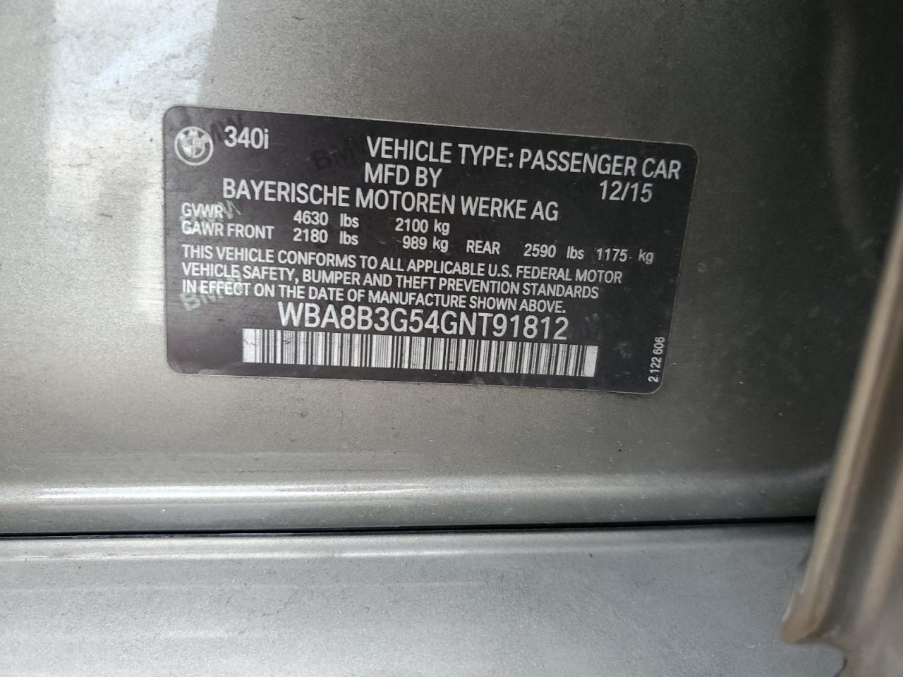 2016 BMW 340 I VIN: WBA8B3G54GNT91812 Lot: 71012485