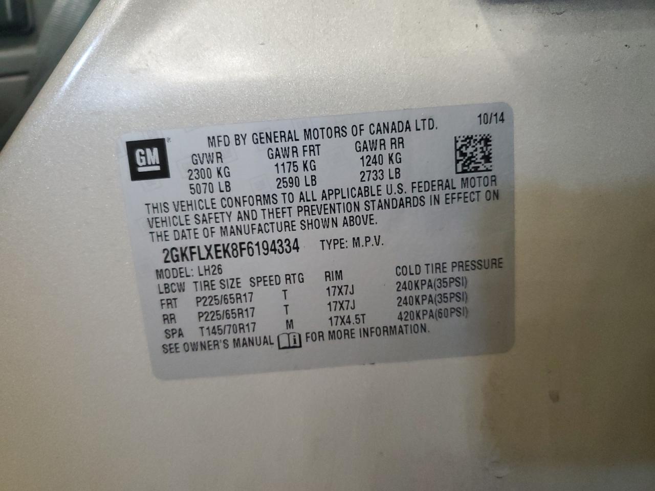 2015 GMC Terrain Slt VIN: 2GKFLXEK8F6194334 Lot: 84617605