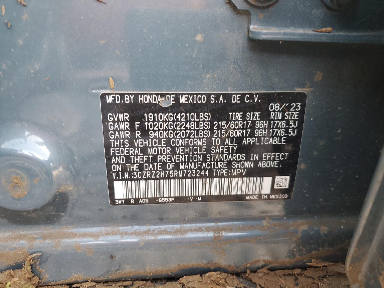 2024 Honda Hr-V Exl VIN: 3CZRZ2H75RM723244 Lot: 84234965