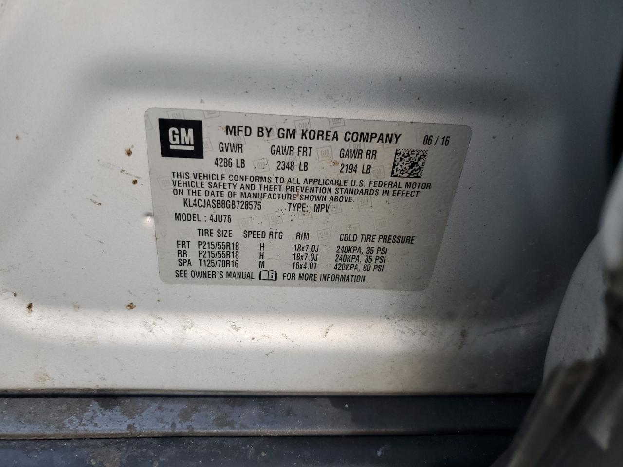 2016 Buick Encore VIN: KL4CJASB8GB728575 Lot: 83958825