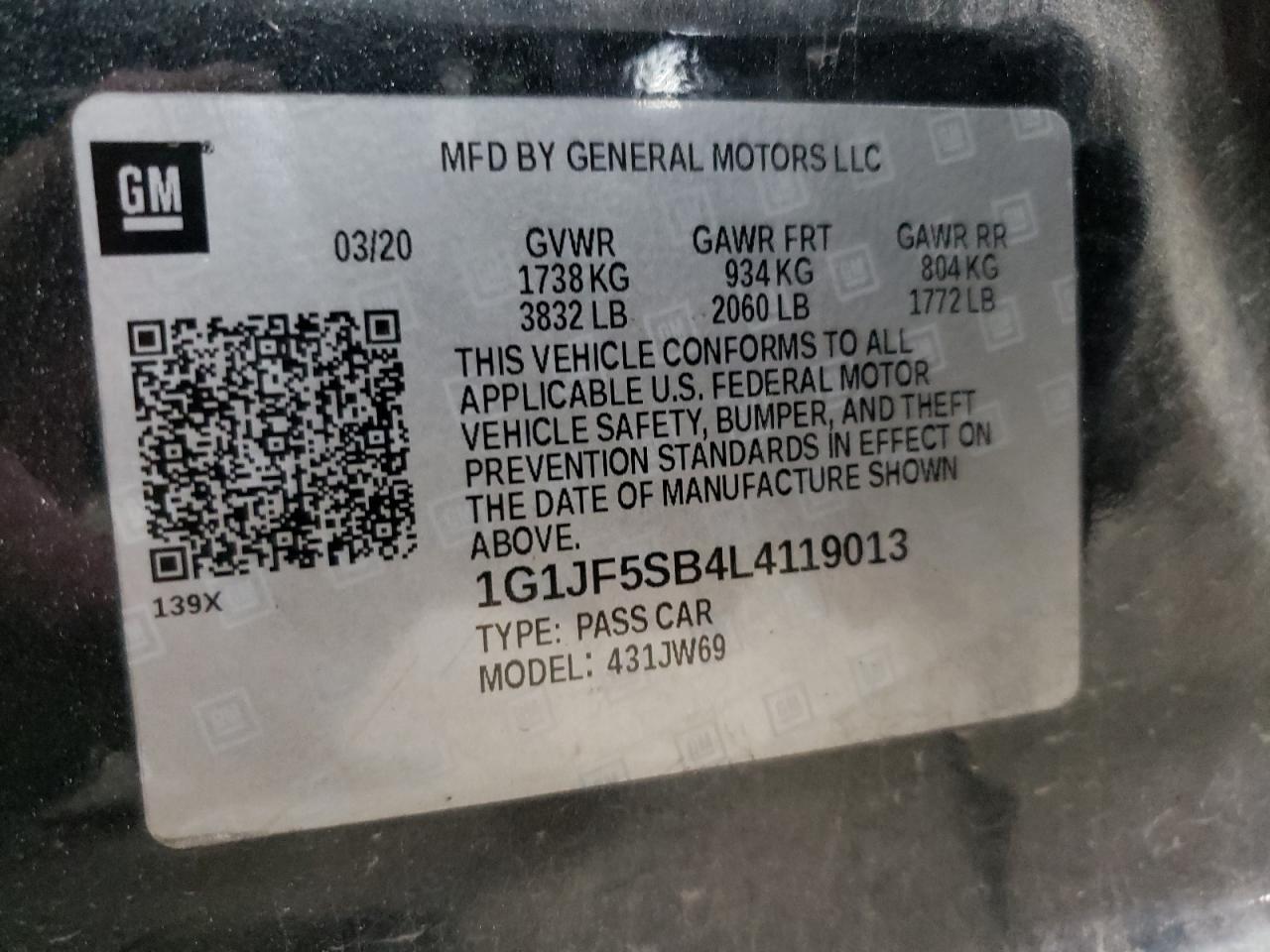 2020 Chevrolet Sonic Premier VIN: 1G1JF5SB4L4119013 Lot: 84013745