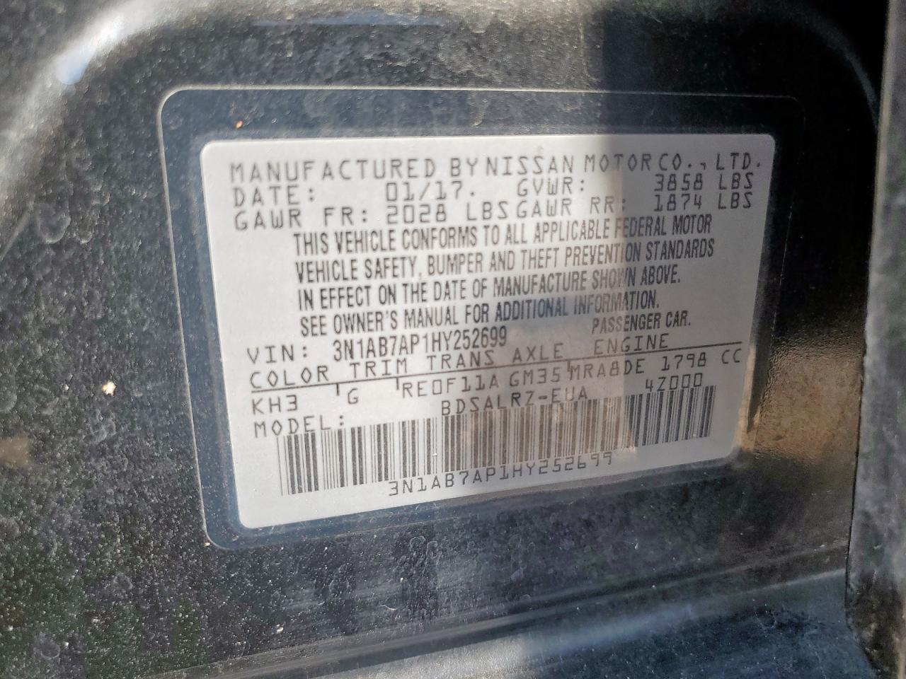 2017 Nissan Sentra S VIN: 3N1AB7AP1HY252699 Lot: 84208085