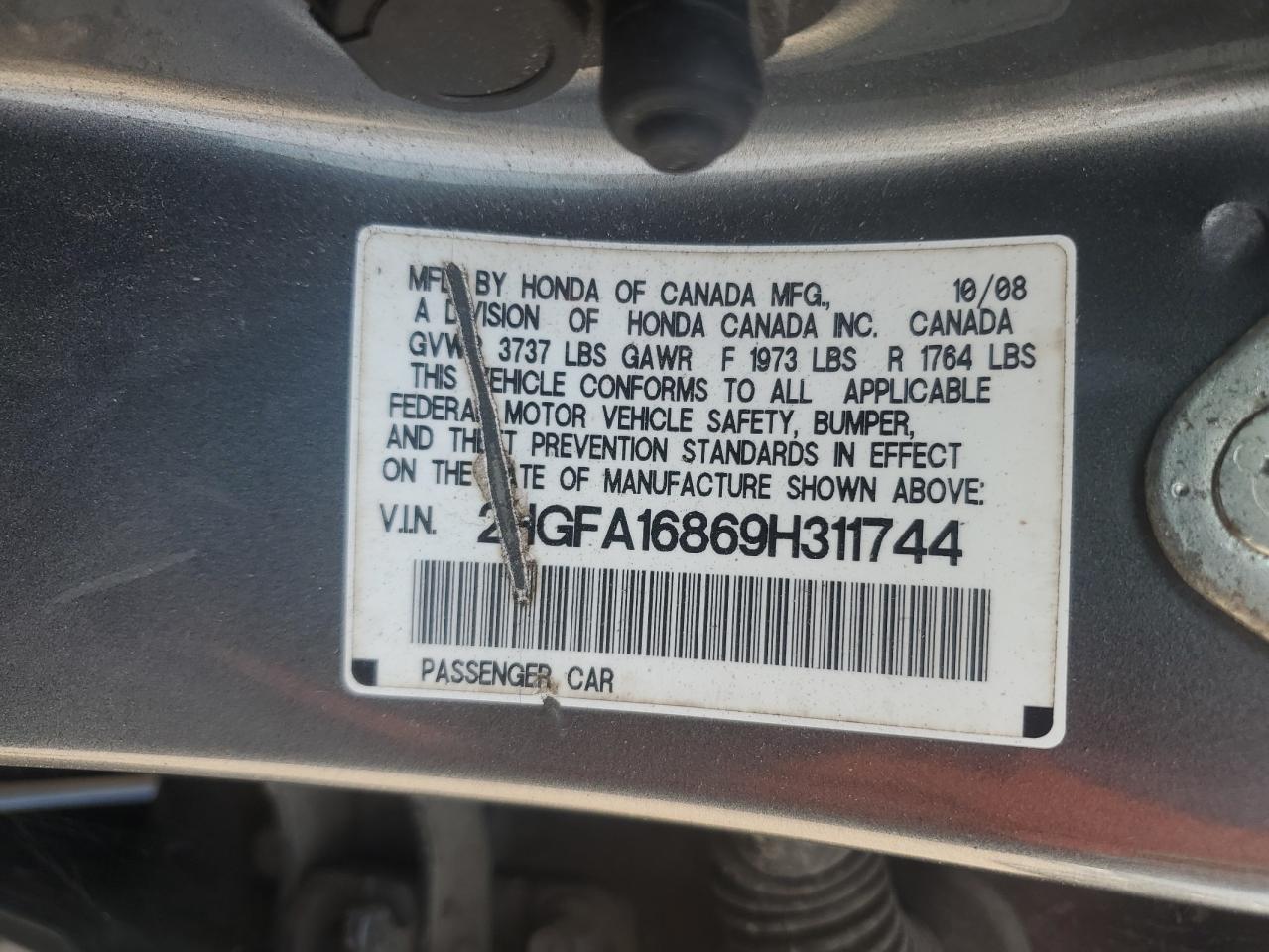 2009 Honda Civic Ex VIN: 2HGFA16869H311744 Lot: 80465475