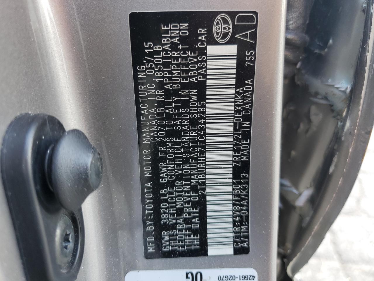 2015 Toyota Corolla L VIN: 2T1BURHE7FC434285 Lot: 81910785