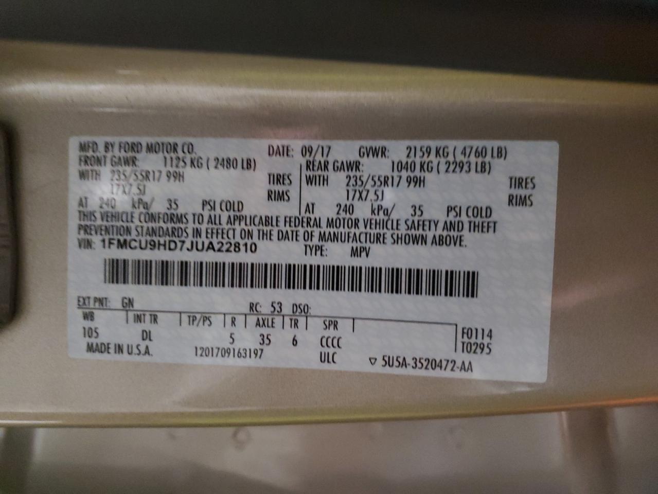 2018 Ford Escape Sel VIN: 1FMCU9HD7JUA22810 Lot: 81805395
