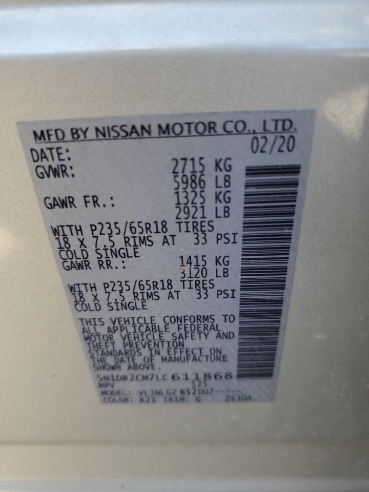 2020 Nissan Pathfinder Sl VIN: 5N1DR2CM7LC611868 Lot: 84005365
