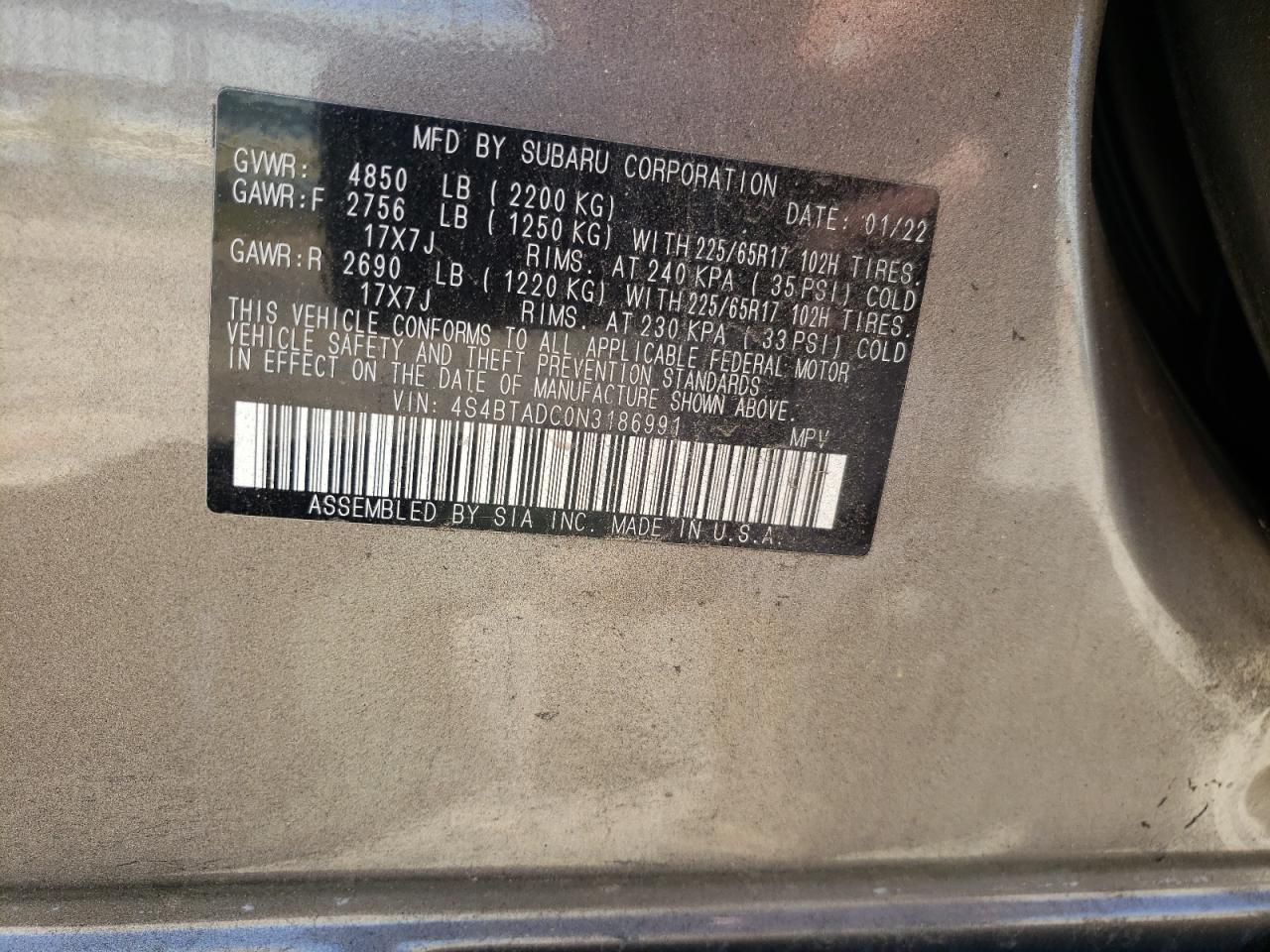 2022 Subaru Outback Premium VIN: 4S4BTADC0N3186991 Lot: 80284985