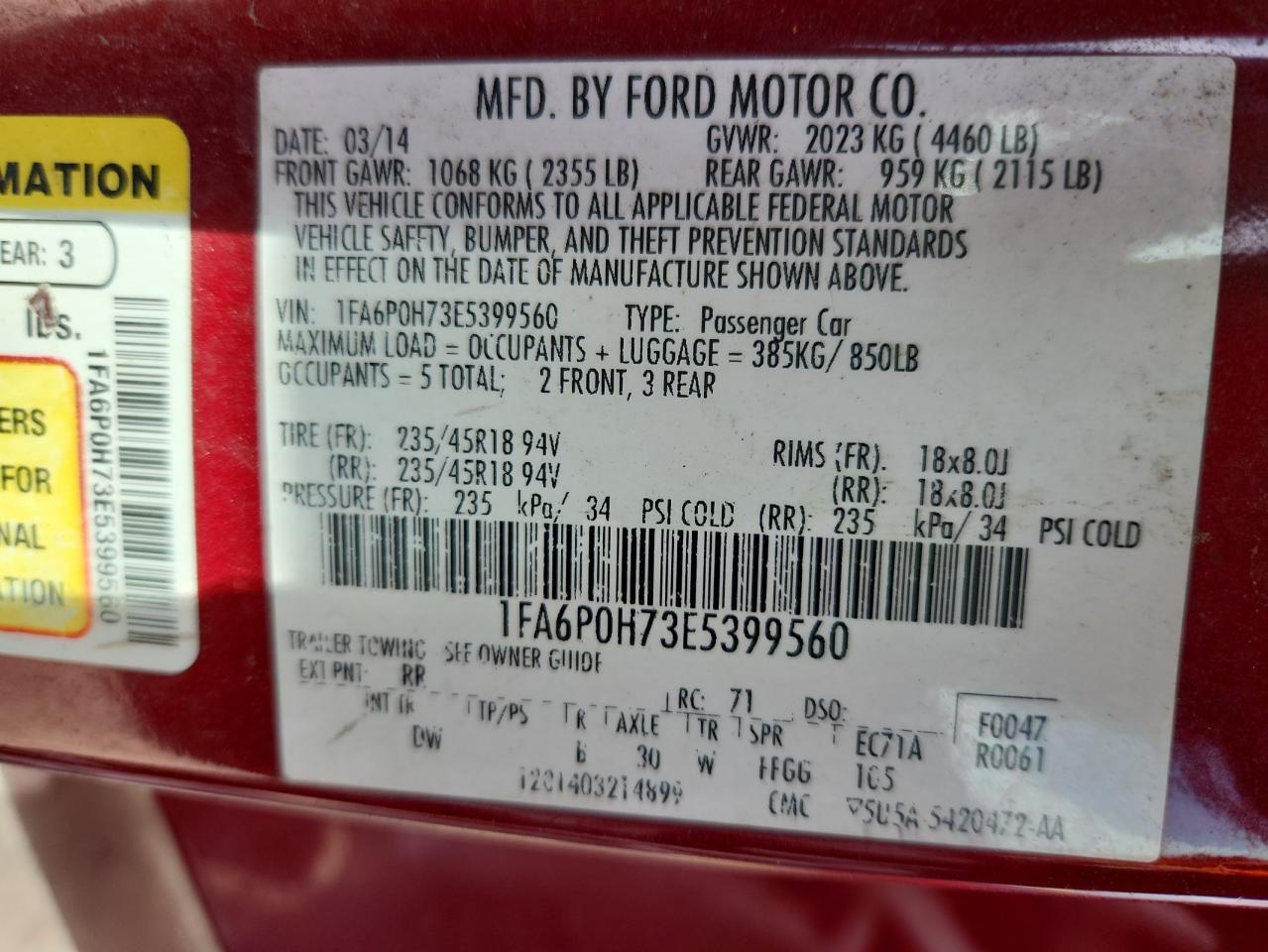 2014 Ford Fusion Se VIN: 1FA6P0H73E5399560 Lot: 72006235