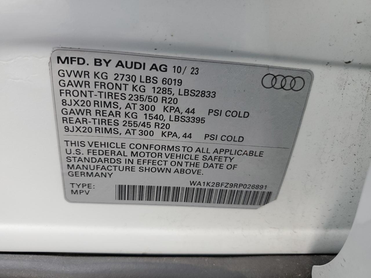 2024 Audi Q4 E-Tron Premium VIN: WA1K2BFZ9RP026891 Lot: 71809925