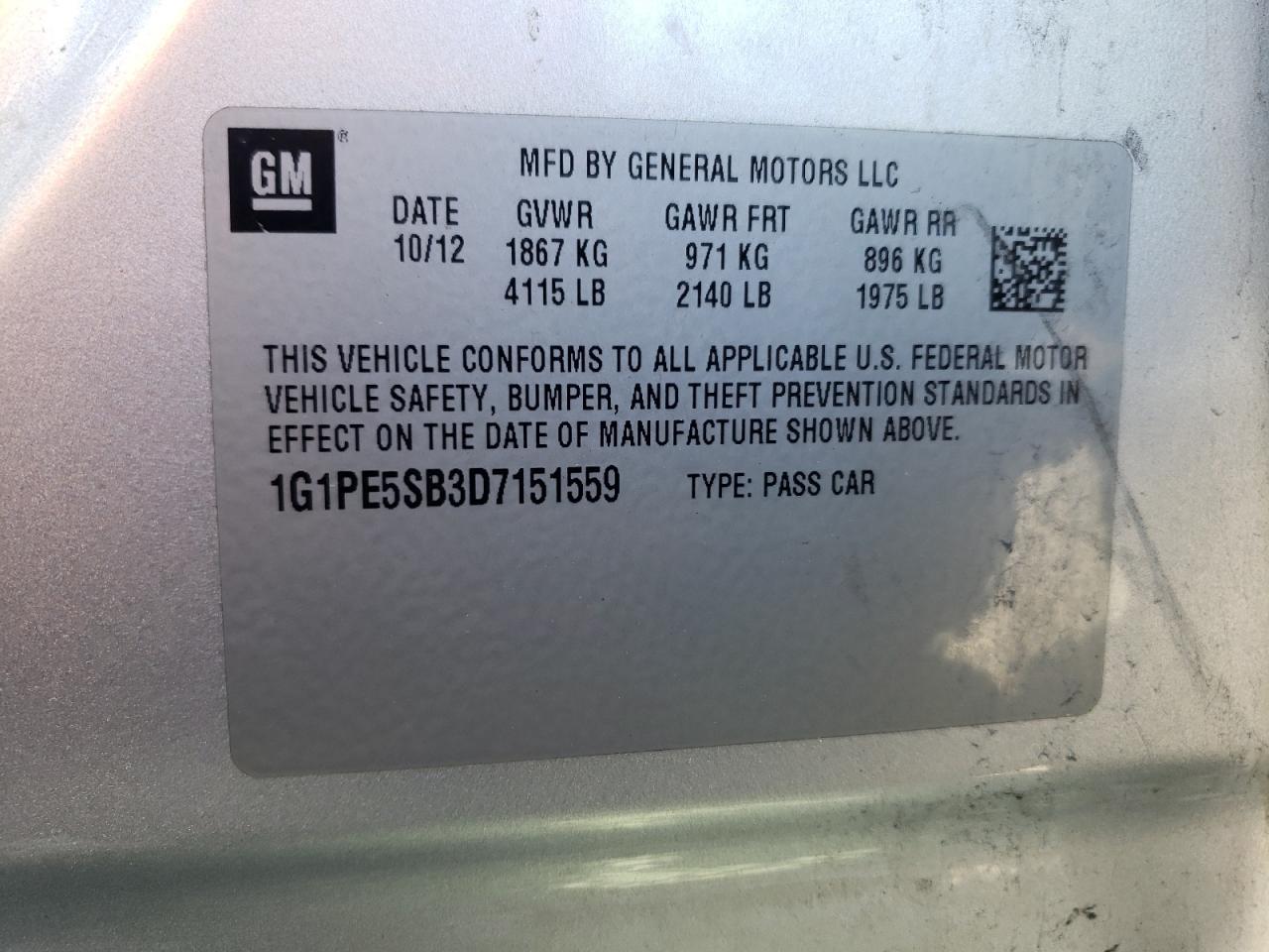 2013 Chevrolet Cruze Lt VIN: 1G1PE5SB3D7151559 Lot: 80727945