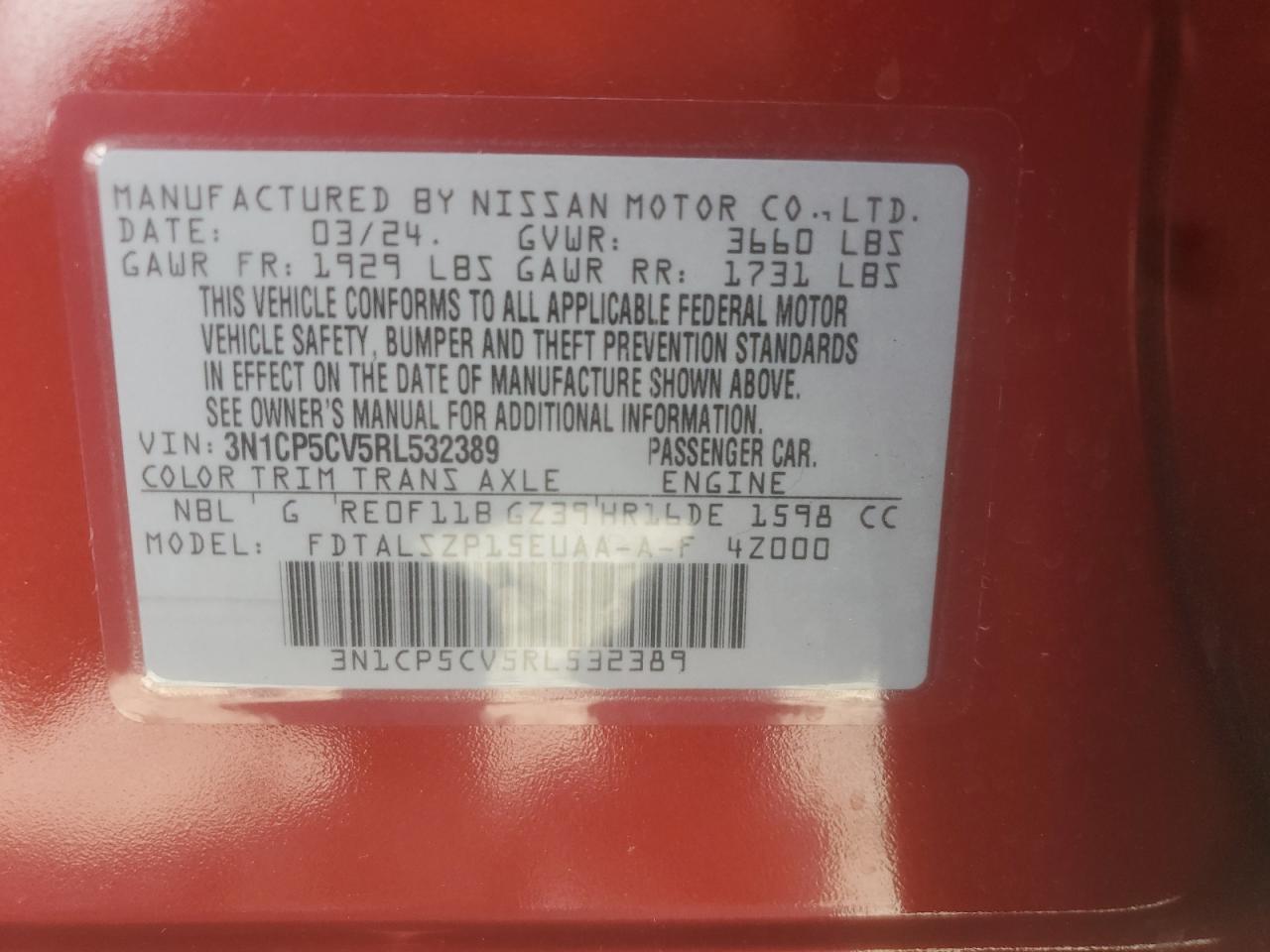 2024 Nissan Kicks Sv VIN: 3N1CP5CV5RL532389 Lot: 81685205