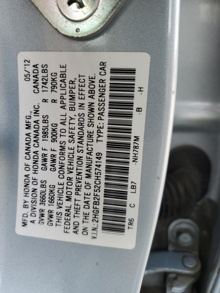 2012 Honda Civic Lx VIN: 2HGFB2F52CH574149 Lot: 71923375