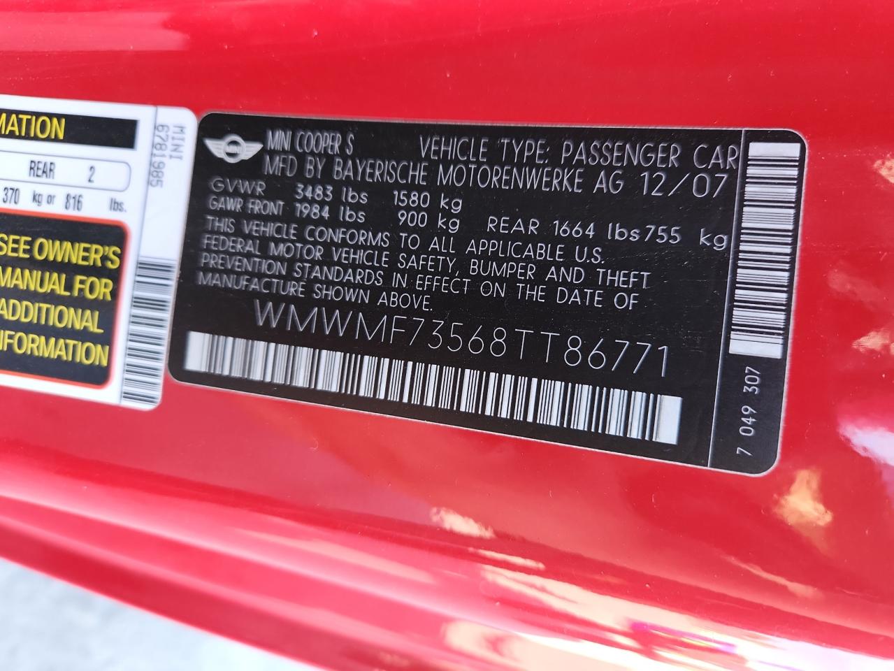 2008 Mini Cooper S VIN: WMWMF73568TT86771 Lot: 84641785