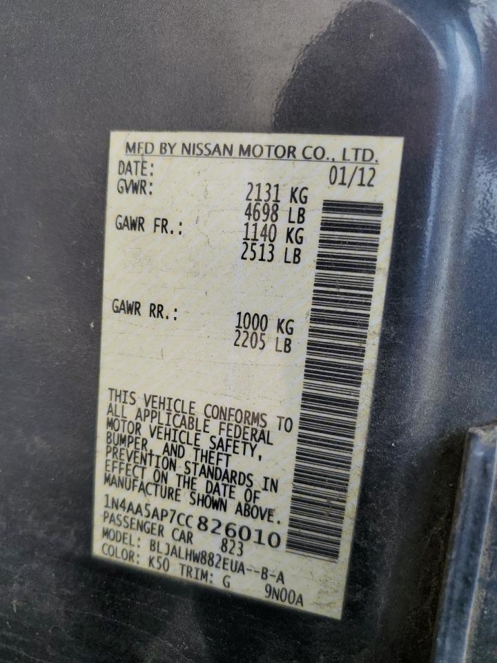 2012 Nissan Maxima S VIN: 1N4AA5AP7CC826010 Lot: 81596745