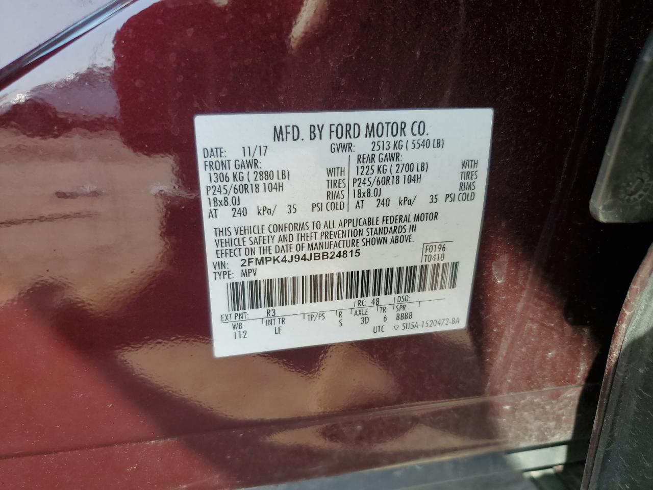 2018 Ford Edge Sel VIN: 2FMPK4J94JBB24815 Lot: 81189285