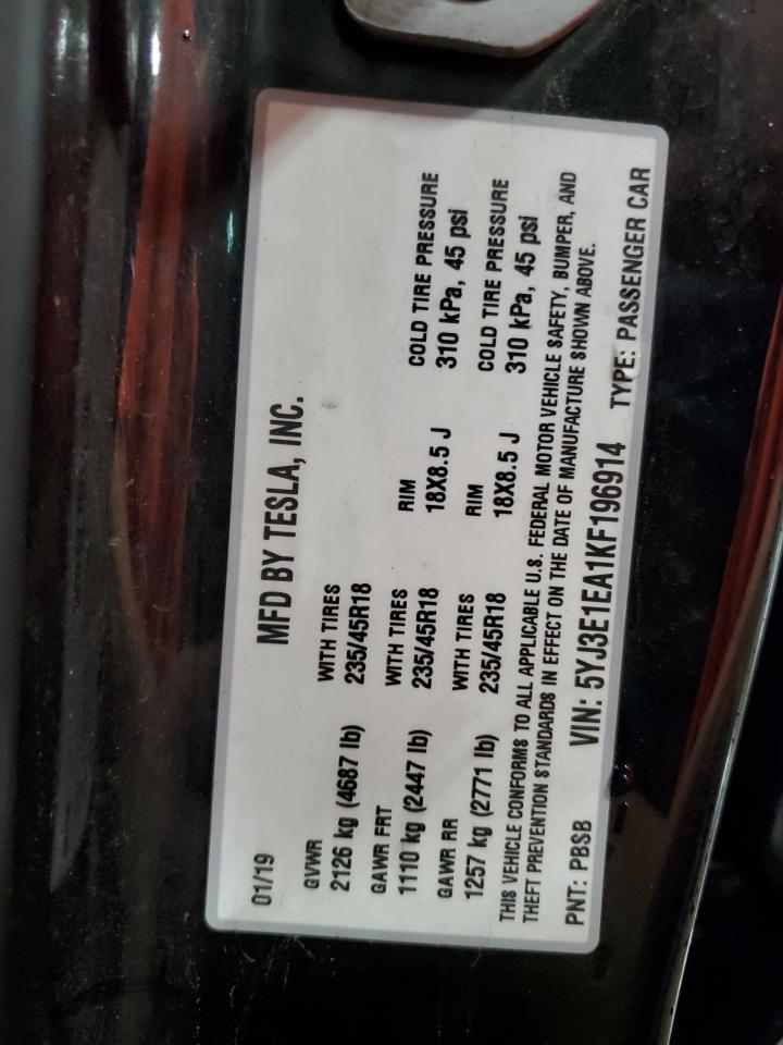 2019 Tesla Model 3 VIN: 5YJ3E1EA1KF196914 Lot: 80706455
