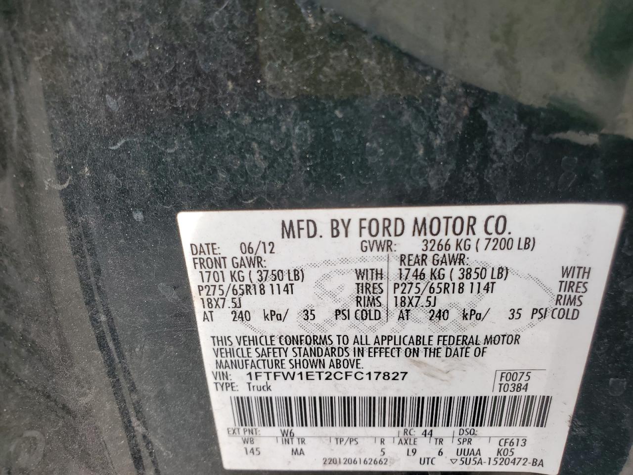 2012 Ford F150 Supercrew VIN: 1FTFW1ET2CFC17827 Lot: 81792965