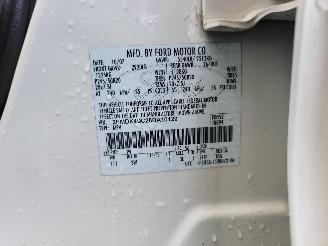 2008 Ford Edge Limited VIN: 2FMDK49C28BA10129 Lot: 71269175