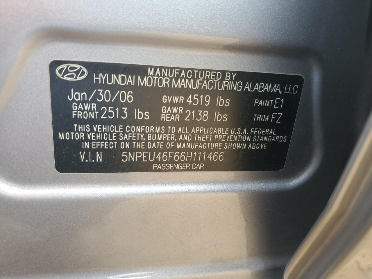 2006 Hyundai Sonata Gls VIN: 5NPEU46F66H111466 Lot: 81860355