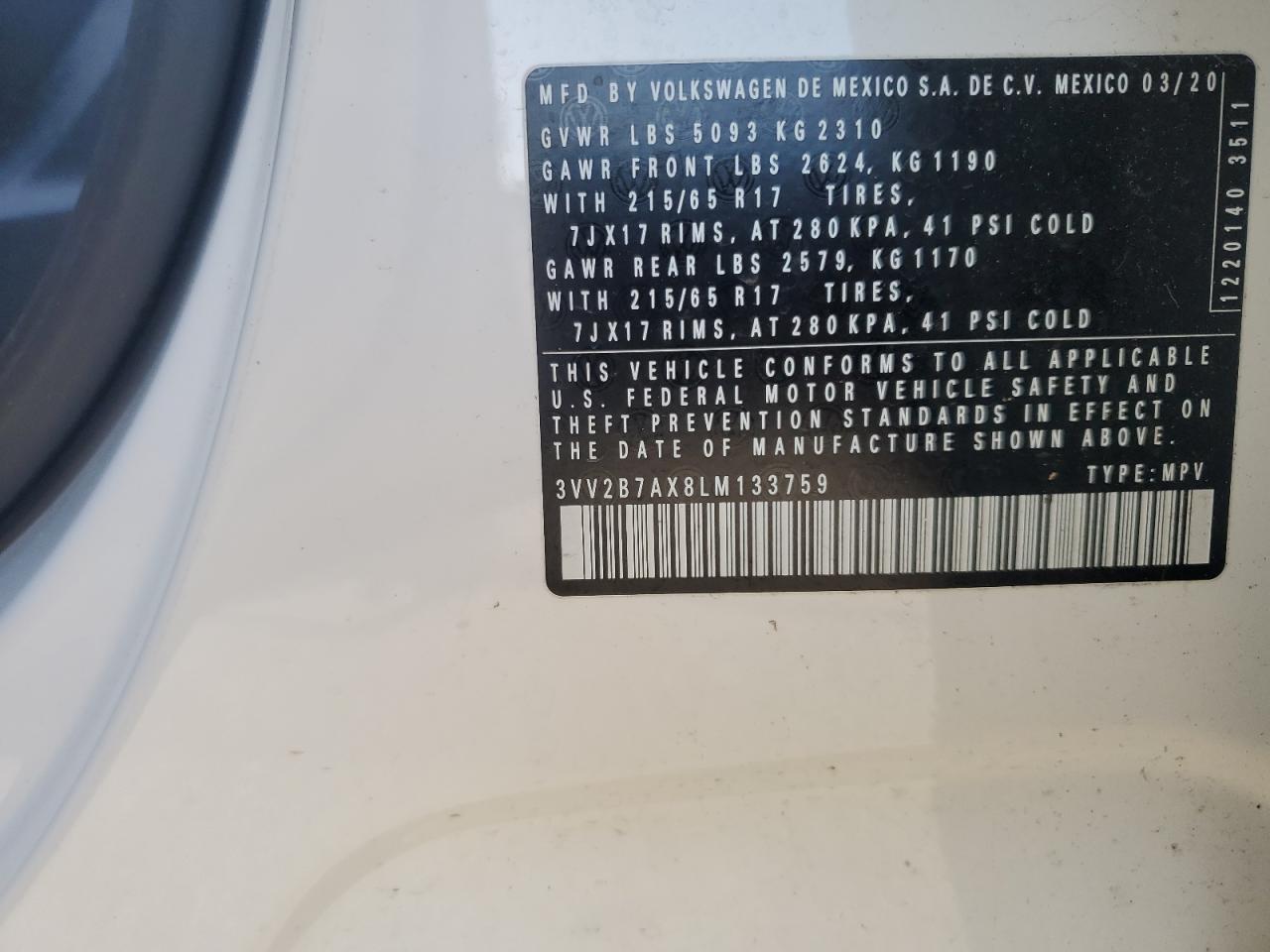 2020 Volkswagen Tiguan Se VIN: 3VV2B7AX8LM133759 Lot: 80385095