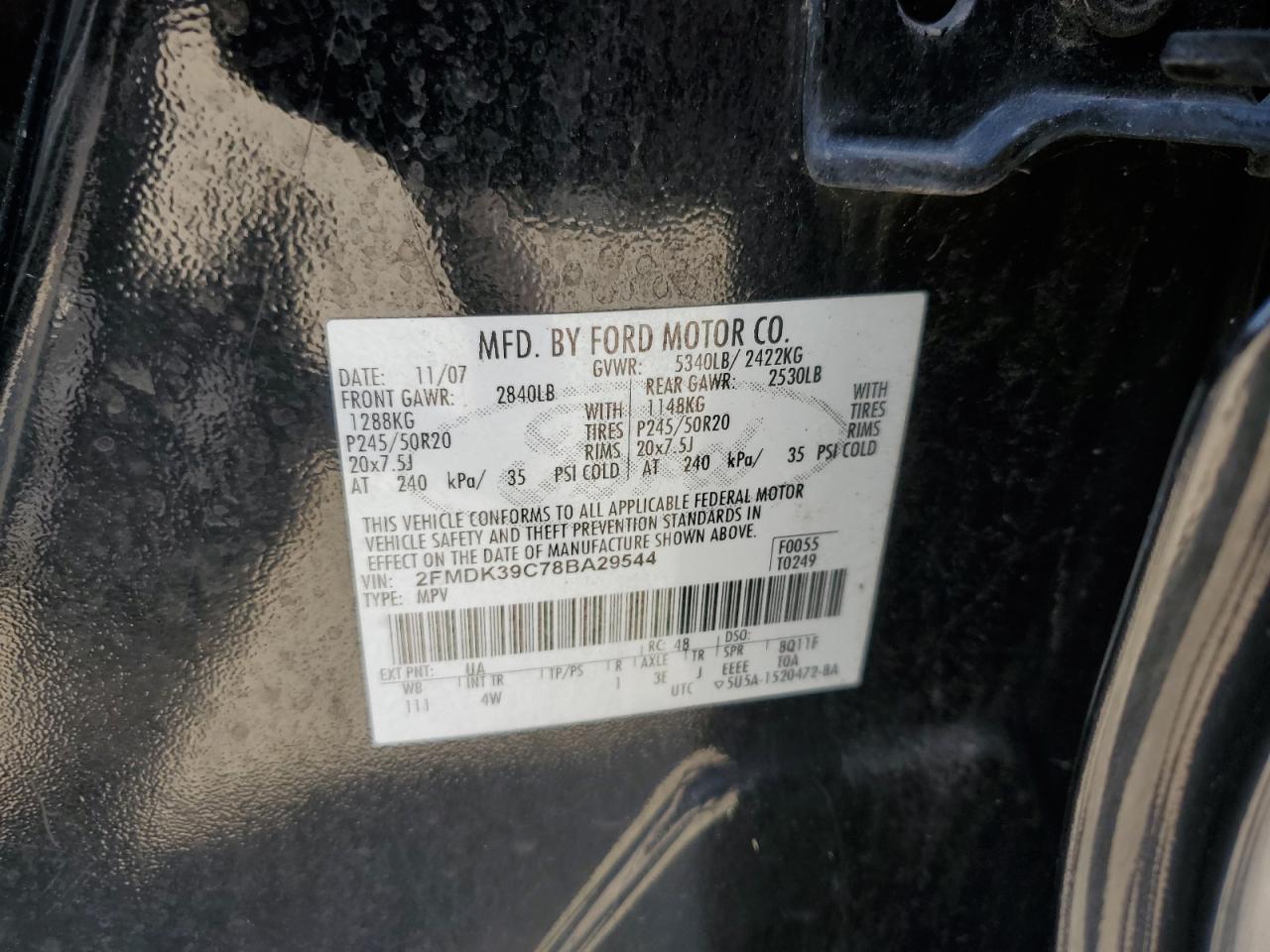 2008 Ford Edge Limited VIN: 2FMDK39C78BA29544 Lot: 82084255