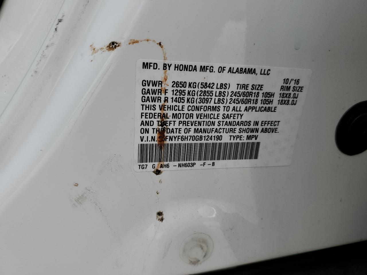 2016 Honda Pilot Exln VIN: 5FNYF6H70GB124190 Lot: 81165395