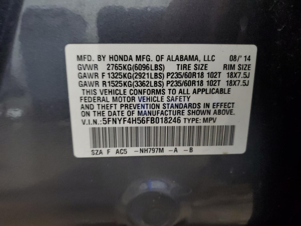 2015 Honda Pilot Exl VIN: 5FNYF4H56FB018246 Lot: 71157185