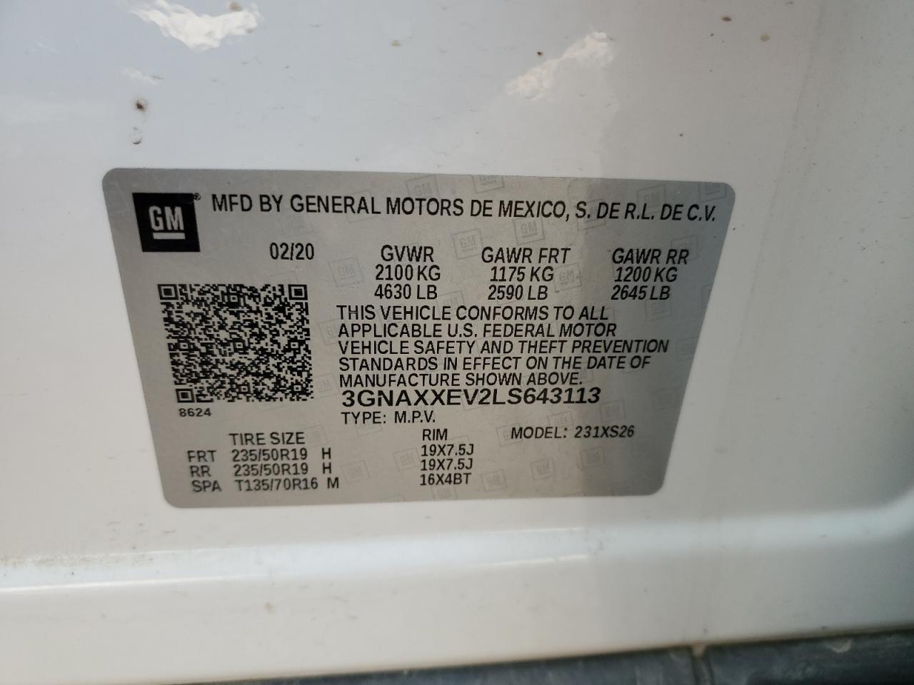 2020 Chevrolet Equinox Premier VIN: 3GNAXXEV2LS643113 Lot: 81096505